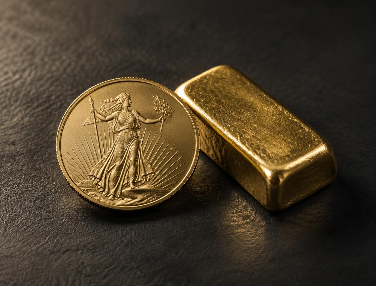 Goldmünze und Goldbarren